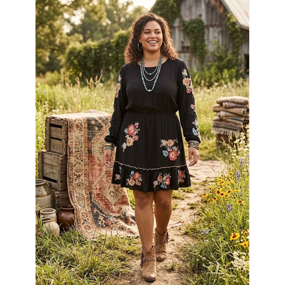 Savanna Jane Black Floral Embroidered Boho Mini Dress XL Long Sleeve